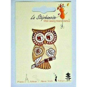 La Stephanoise Owl Applique Brown Tan White 2 x 1.5 inch Craft Sewing Fabric NEW